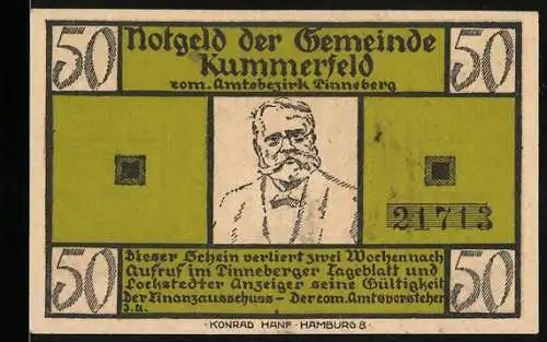 Notgeld Kummerfeld, 50 Pfennig, Gedicht von Fritz Reuter, Seriennummer 21713, Konrad Hanf Hamburg