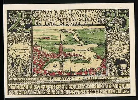 Notgeld Schleswig, 25 Pfennig, Kriegsnotgeld der Stadt Schleswig mit Stadtansicht und Seriennummer 042371