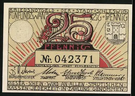 Notgeld Schleswig, 25 Pfennig, Kriegsnotgeld der Stadt Schleswig mit Stadtansicht und Seriennummer 042371