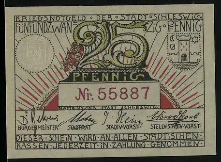 Notgeld Schleswig, 25 Pfennig, Seriennummer 55887, Stadtansicht und Schriftzüge