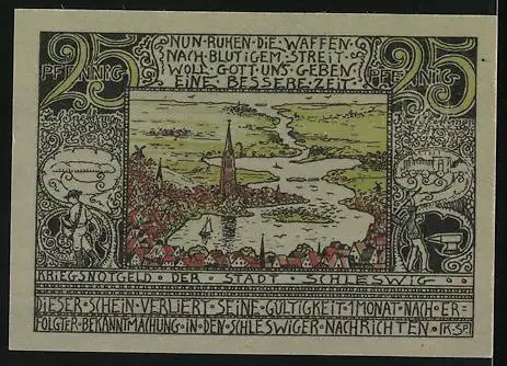 Notgeld Schleswig, 25 Pfennig, Seriennummer 55887, Stadtansicht und Schriftzüge