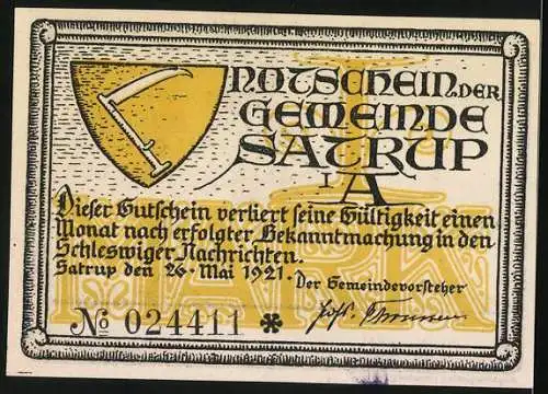 Notgeld Satrup, 1921, 1 Mark, Ritter zu Pferd und Text, Sichel und Ausgabedatum