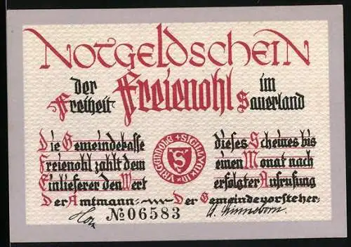 Notgeld Freienohl, 75 Pfennig, historische Gebäude und Text in deutscher Schrift, Nr. 06583