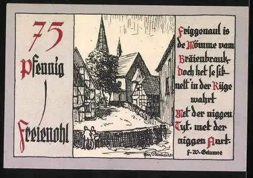 Notgeld Freienohl, 75 Pfennig, historische Gebäude und Text in deutscher Schrift, Nr. 06583