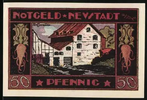 Notgeld Neustadt 1921, 50 Pfennig, Fachwerkhaus und Schloss von 1654