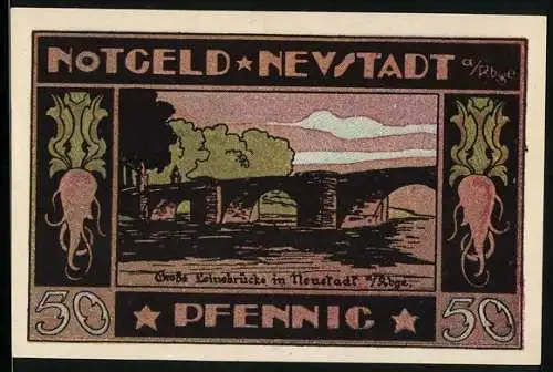 Notgeld Neustadt, 1921, 50 Pfennig, Brücke und Wappen der Stadt