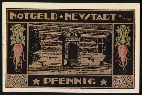 Notgeld Neustadt, 1921, 50 Pfennig, Stadtansicht und Torbau mit Wappen, Gebäude und Ornamenten