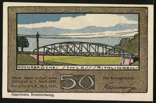 Notgeld Neustadt 1921, 50 Pfennig, Woynabrücke und Schloss Ricklingen