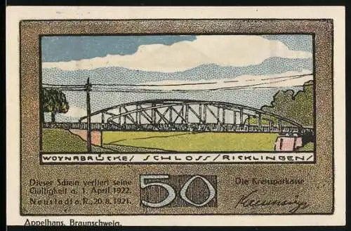 Notgeld Neustadt 1921, 50 Pfennig, Woynabrücke Schloss Ricklingen und Denkmal mit Säulen