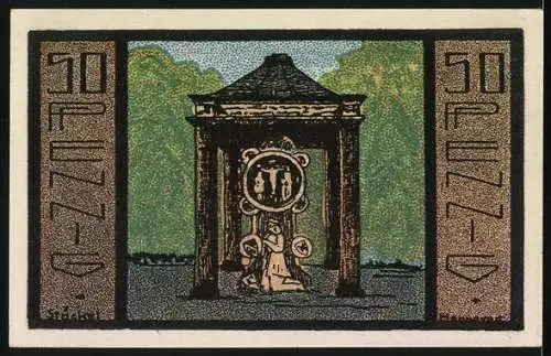 Notgeld Neustadt 1921, 50 Pfennig, Woynabrücke Schloss Ricklingen und Denkmal mit Säulen