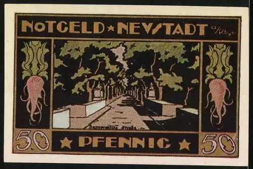 Notgeld Neustadt 1921, 50 Pfennig, Landschaft mit Schloss und Bäumen, Gültig bis 1. Februar 1922