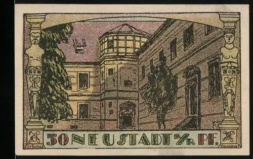 Notgeld Neustadt a. Rbge, 1921, 50 Pf, Gebäude und Stadtansicht