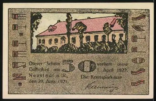 Notgeld Neustadt a. Rbge, 1921, 50 Pf, Gebäude und Stadtansicht