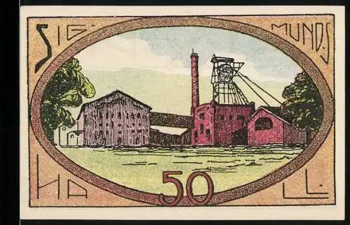 Notgeld Neustadt 1921, 50 Pfennig, Industrielandschaft und Werkzeug-Emblem