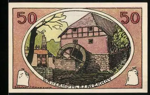 Notgeld Neustadt a. Rbge, 1921, 50 Pfennig, Wassermühle und Bauernhof, verliert Gültigkeit am 1. April 1922