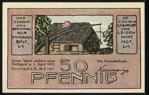 Notgeld Neustadt a. Rbge, 1921, 50 Pfennig, Wassermühle und Bauernhof, verliert Gültigkeit am 1. April 1922