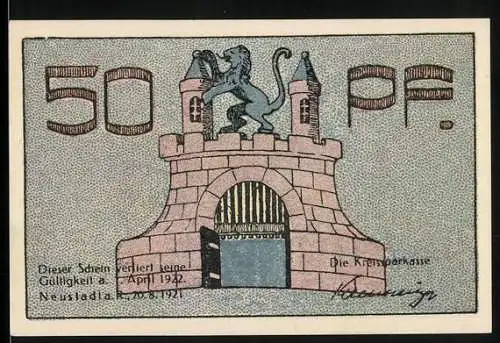 Notgeld Neustadt, 1921, 50 Pf, Stadtmauer mit Löwe und Kirche, Gültigkeit bis 1. April 1922