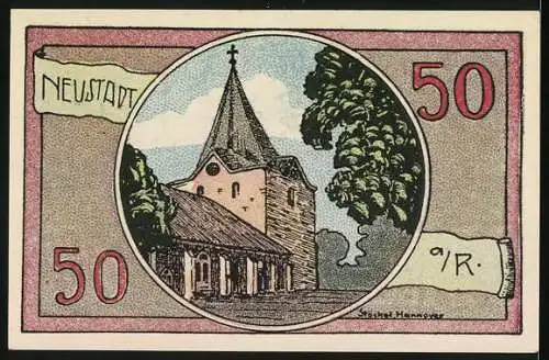 Notgeld Neustadt, 1921, 50 Pf, Stadtmauer mit Löwe und Kirche, Gültigkeit bis 1. April 1922