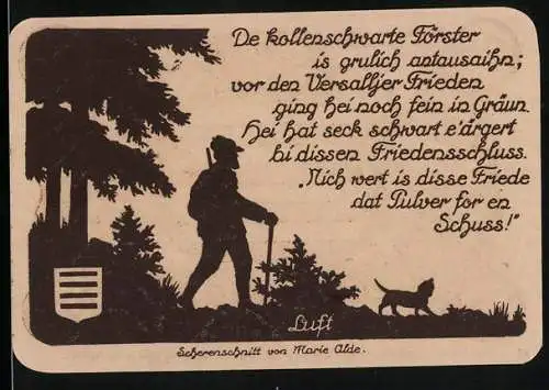 Notgeld Nöschenrode 1921, 25 Pfennig, Förster und Hund im Wald, Gemeindewappen mit Burg und Jahreszahl