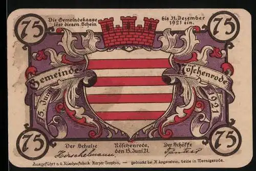 Notgeld Nöschenrode, 1921, 75 Pfennig, Wappen mit rotem Ziegelstein, Hirsch und Gedicht