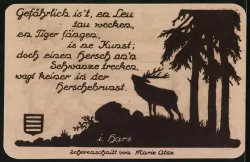 Notgeld Nöschenrode, 1921, 75 Pfennig, Wappen mit rotem Ziegelstein, Hirsch und Gedicht