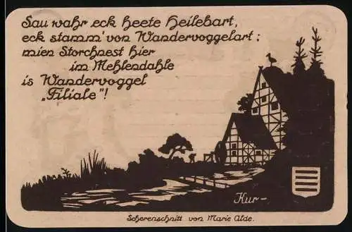 Notgeld Nöschenrode, 1921, 25 Pfennig, Scherenschnitt von Marie Alde, Gemeinde Röhrenrode Wappen