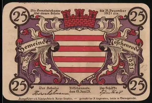 Notgeld Nöschenrode, 1921, 25 Pfennig, Gemeindeschein mit Wappen und Silhouette eines Försters