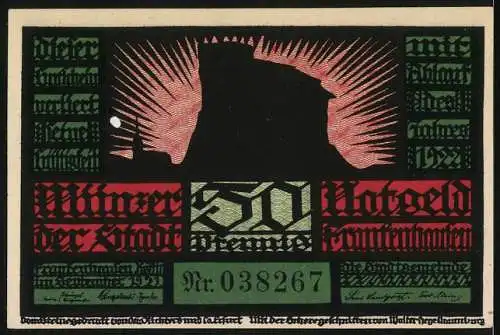 Notgeld Frankenhausen 1921, 50 Pfennig, Silhouetten von Kriegern und Burg mit Strahlenhintergrund