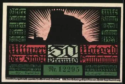 Notgeld Frankenhausen 1921, 50 Pfennig, mit Scherenschnitt-Motiv der Bauernkriege und Burgsilhouette