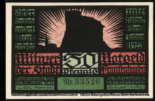 Notgeld Frankenhausen 1921, 50 Pfennig, Nr. 33520, Burg, Silhouetten von Kämpfern