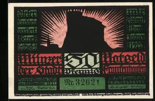 Notgeld Frankenhausen 1921, 50 Pfennig, Stadtsilhouette und tanzende Figuren