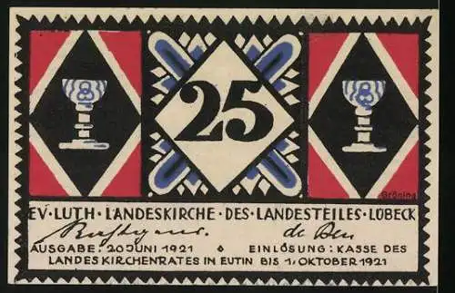 Notgeld Lübeck 1921, 25 Pfennig, Gebet dem Kaiser und Kirche mit Kelchen