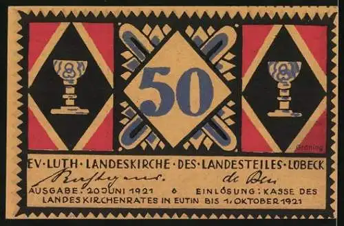 Notgeld Lübeck, 1921, 50 Pfennig, religiöses Motiv mit Bibelzitat und Kelchen, Ausgabe 20. Juni 1921