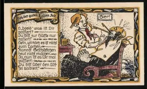 Notgeld Beverungen 1921, 75 Pfennig, humorvolle Szene mit Mann und Bier, Stadtansicht und Gültigkeitsdatum