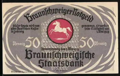 Notgeld Braunschweig, 1921, 50 Pfennig, Braunschweigische Staatsbank mit Pferd und Eulenspiegel als Liebhaber