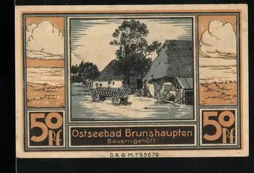 Notgeld Ostseebad Brunshaupten, 50 Pfennig, Bauerngehöft und Kuh mit Imker, Konto E 42145