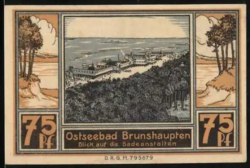 Notgeld Brunshaupten, 75 Pfennig, Ostseebad mit Badeanstalten und Kuh vor Bienenstöcken