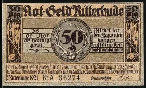 Notgeld Ritterhude 1921, 50 Pfennig, Schloss und Ritterstatuen, Nummer A36274