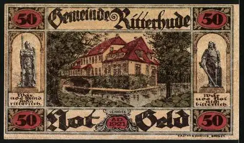 Notgeld Ritterhude 1921, 50 Pfennig, Schloss und Ritterstatuen, Nummer A36274