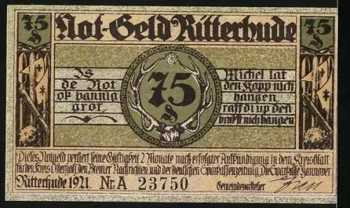 Notgeld Ritterhude, 1921, 75 Pfennig, Abbildung eines Schlosses und mittelalterlicher Figuren, Seriennummer 23750