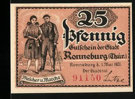 Notgeld Ronneburg 1921, 25 Pfennig, Gutschein mit Paar und Schloss Ronneburg