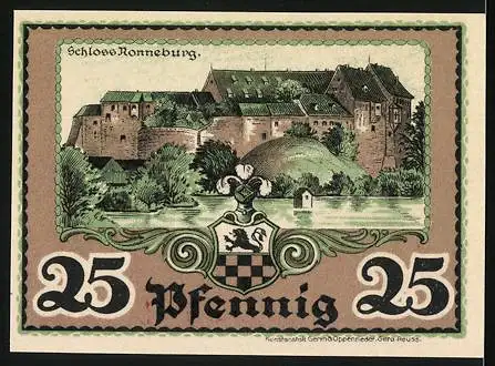 Notgeld Ronneburg 1921, 25 Pfennig, Gutschein mit Paar und Schloss Ronneburg