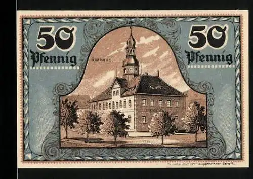 Notgeld Ronneburg 1921, 50 Pfennig, Rathaus und Stadtwappen, Gutschein der Stadt Ronneburg