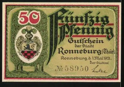 Notgeld Ronneburg 1921, 50 Pfennig, Rathaus und Stadtwappen, Gutschein der Stadt Ronneburg