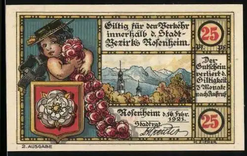 Notgeld Rosenheim 1921, 25 Pfennig, Stadtwappen und Landschaft mit Kirche und Bergen