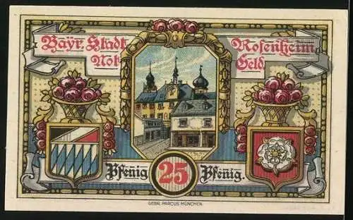 Notgeld Rosenheim 1921, 25 Pfennig, Stadtwappen und Landschaft mit Kirche und Bergen