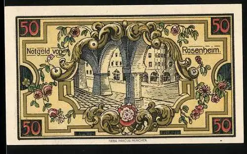 Notgeld Rosenheim, 1921, 50 Pfennig, Stadtansicht mit Bögen und Heiligenabbildung