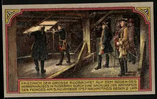 Notgeld Rossbach 1757, 50 Pf, Friedrich der Grosse beobachtet durch Dachluke den Feind