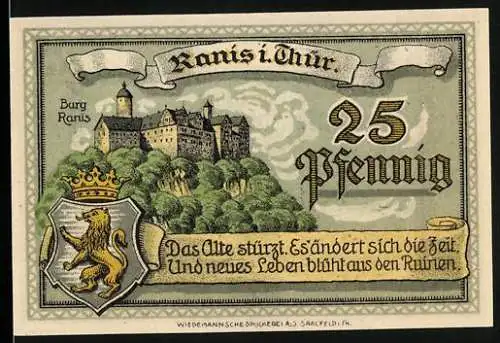 Notgeld Ranis i. Thür., 1921, 25 Pfennig, Burg Ranis und Spruch, Rückseite Gutschein