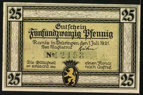 Notgeld Ranis i. Thür., 1921, 25 Pfennig, Burg Ranis und Spruch, Rückseite Gutschein